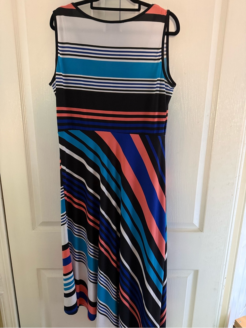 Joseph Ribkoff Striped Sleeveless Dress in Black, White, Blue & Coral